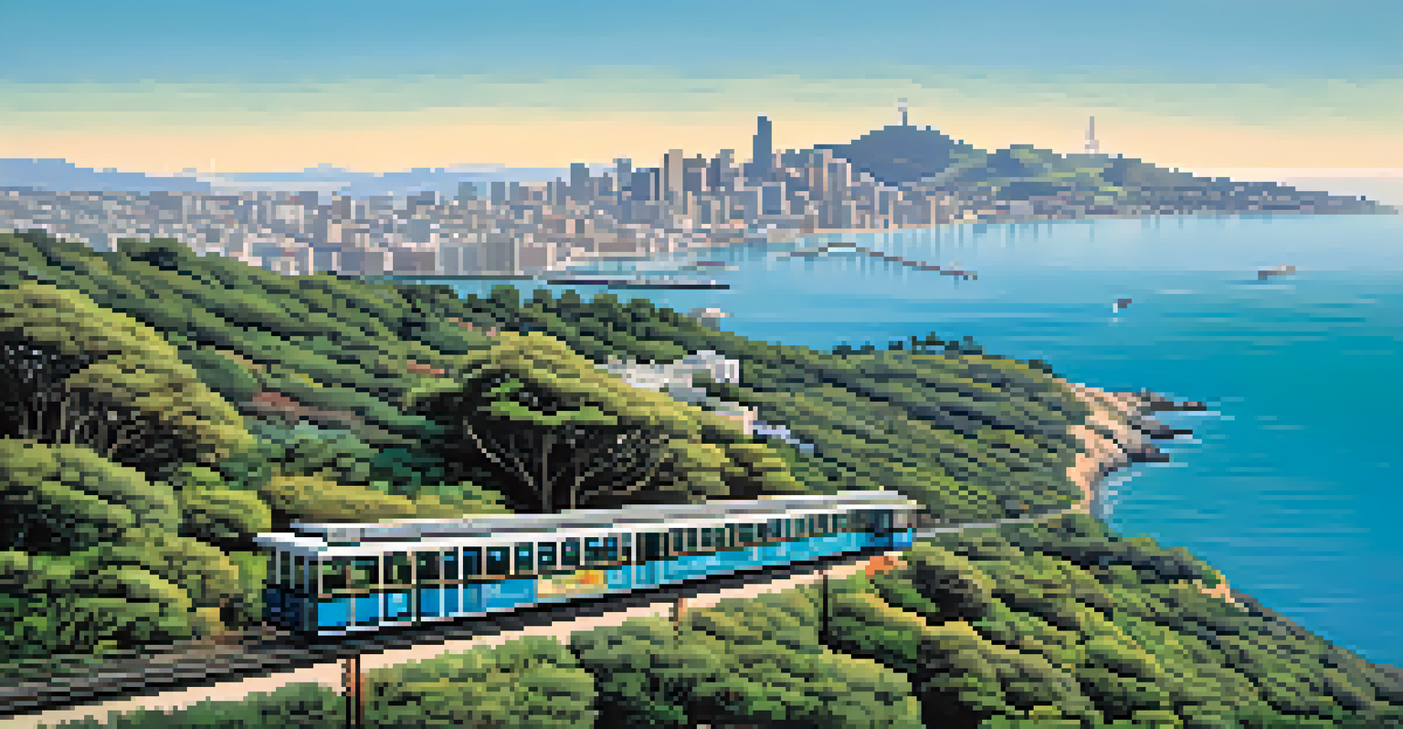 An aerial view of the Powell-Hyde cable car route with Alcatraz Island in the distance, surrounded by a vibrant cityscape and blue waters.