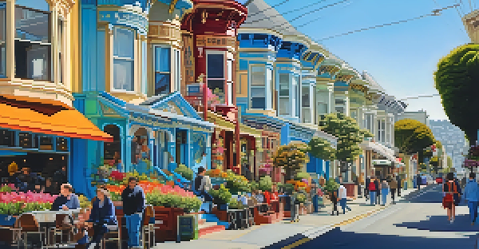 A lively street view in Haight-Ashbury featuring colorful Victorian buildings and vibrant street art, with people enjoying the outdoor cafes.