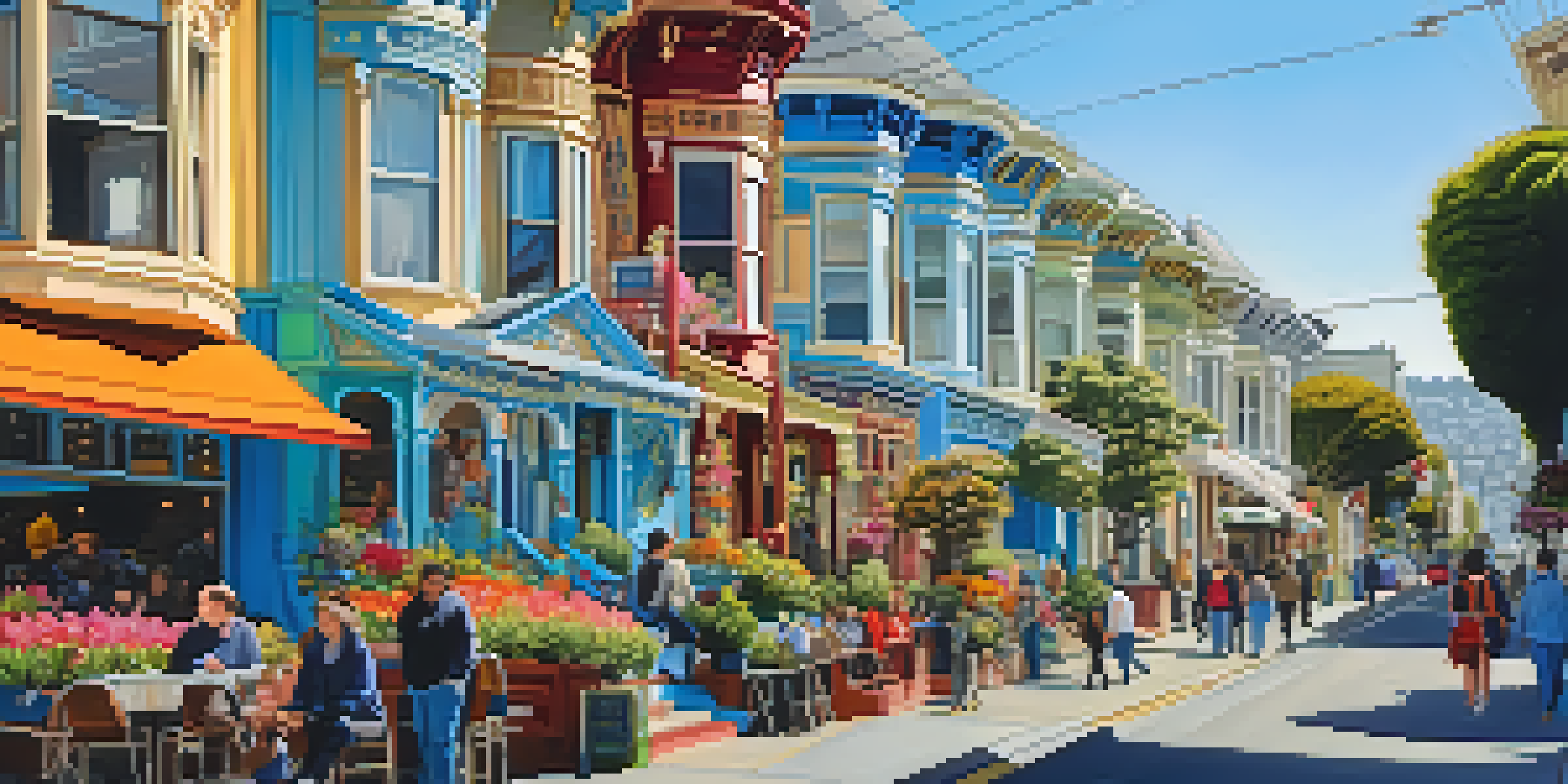 A lively street view in Haight-Ashbury featuring colorful Victorian buildings and vibrant street art, with people enjoying the outdoor cafes.