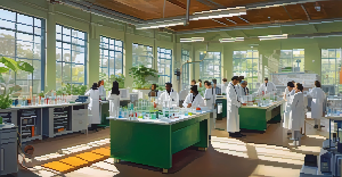 A diverse group of scientists working together in a bright research laboratory filled with advanced technology and colorful charts.