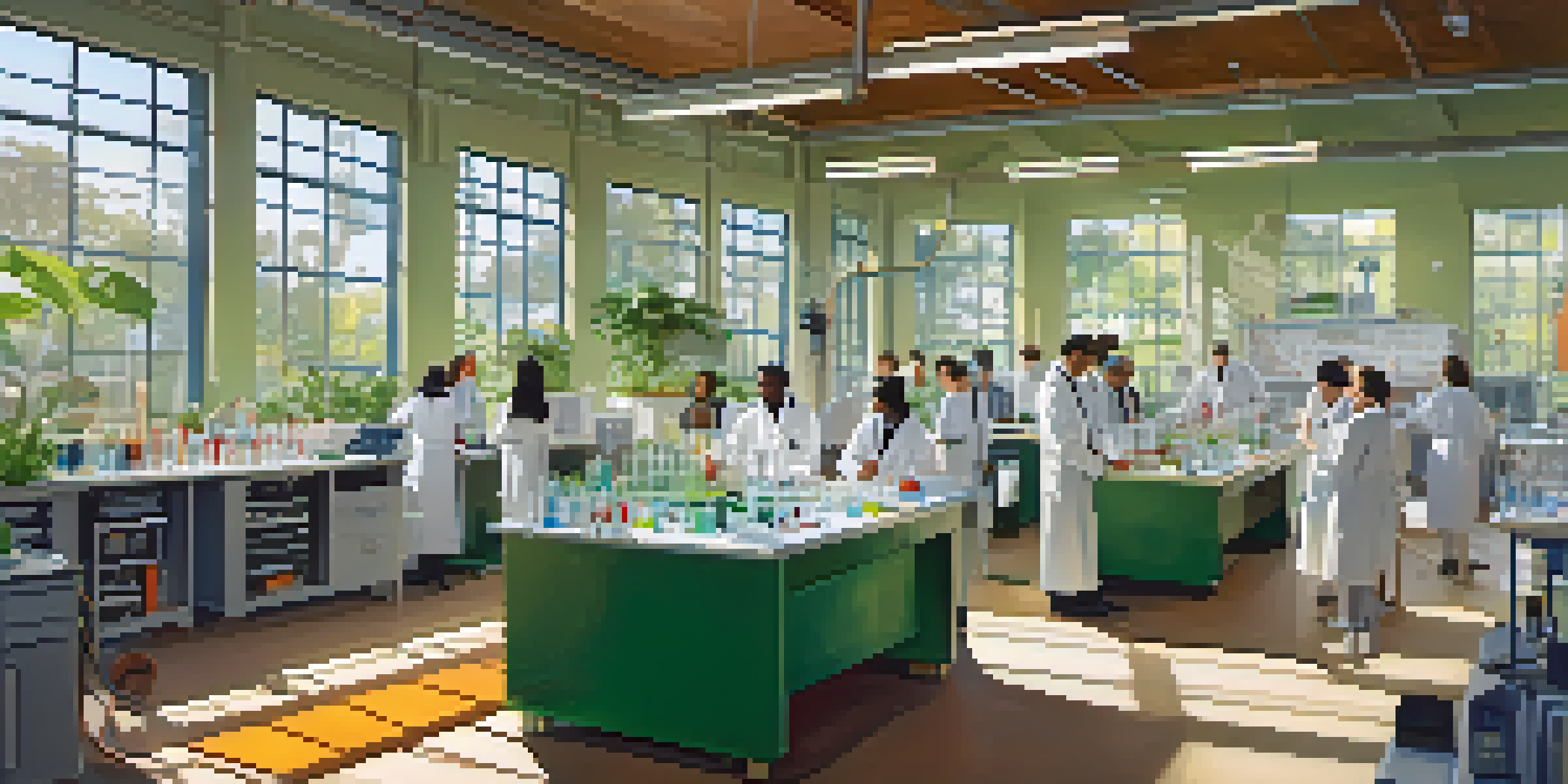 A diverse group of scientists working together in a bright research laboratory filled with advanced technology and colorful charts.