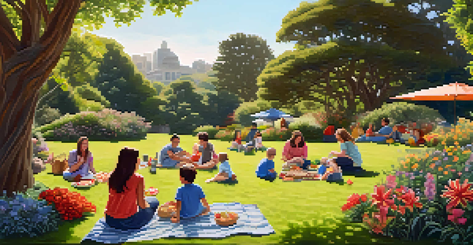 A family enjoying a picnic in the botanical gardens, surrounded by greenery and flowers.