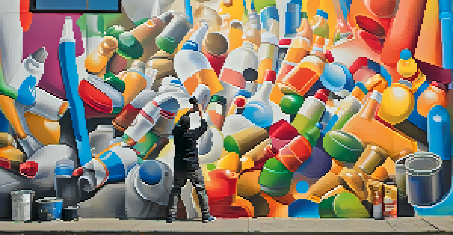 An artist spray painting a colorful mural on a wall, surrounded by paint cans.