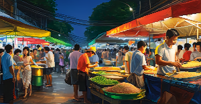 A lively night market in Bangkok with colorful food stalls and vendors serving traditional dishes.