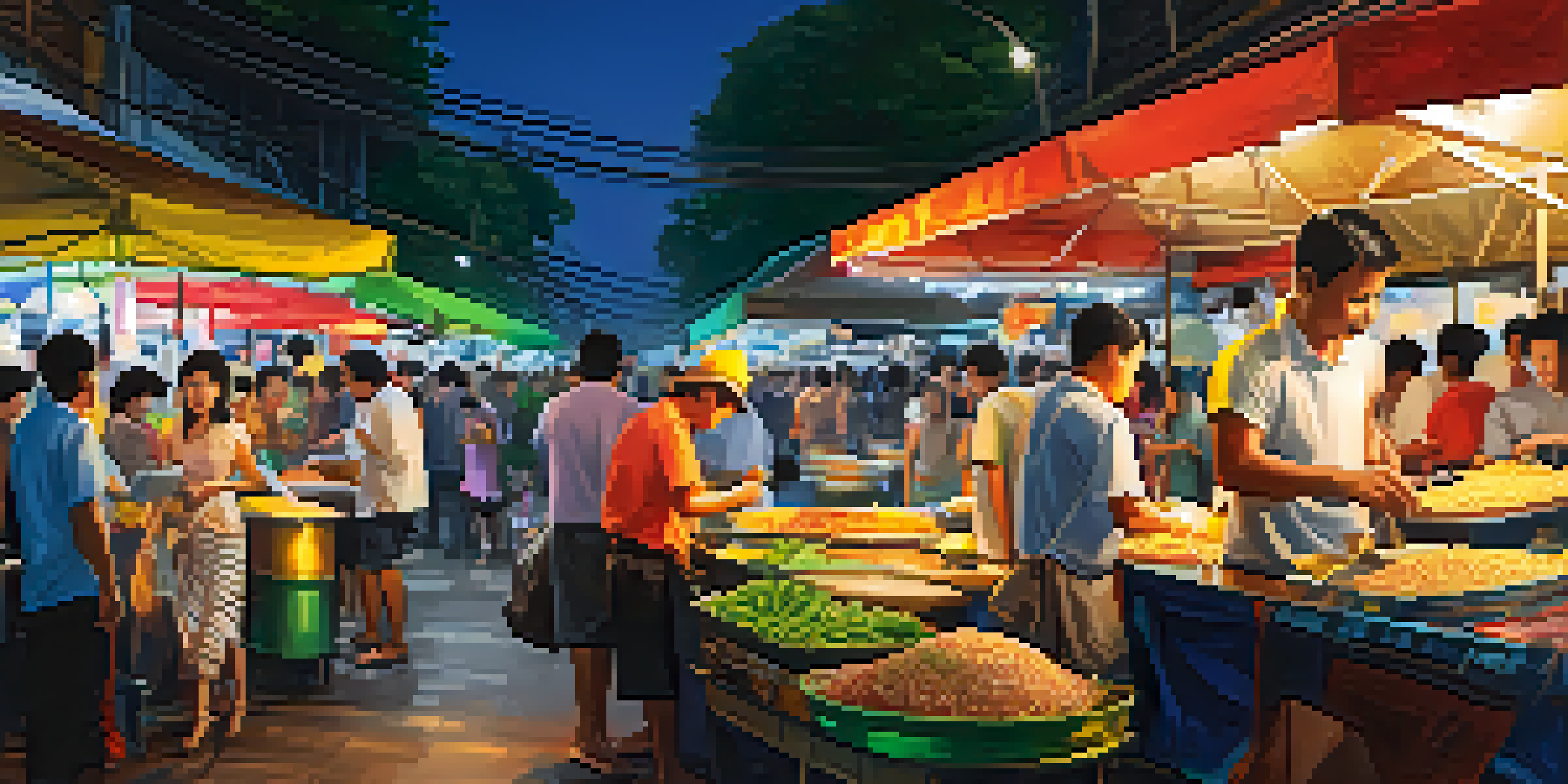 A lively night market in Bangkok with colorful food stalls and vendors serving traditional dishes.