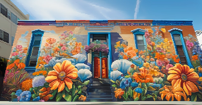 A large mural depicting a woman surrounded by colorful flowers on a brick wall in the Mission District of San Francisco, with people admiring the art.