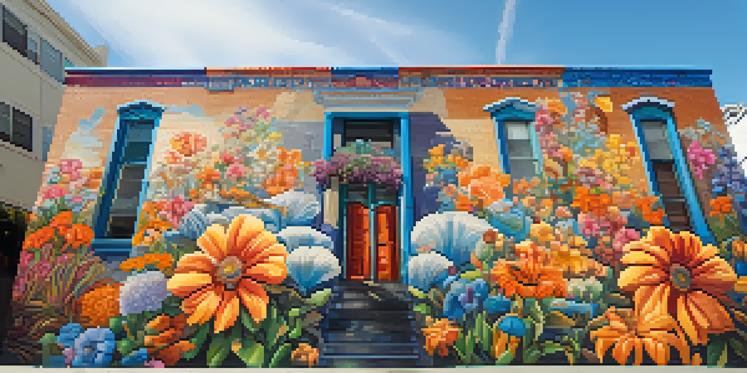 A large mural depicting a woman surrounded by colorful flowers on a brick wall in the Mission District of San Francisco, with people admiring the art.