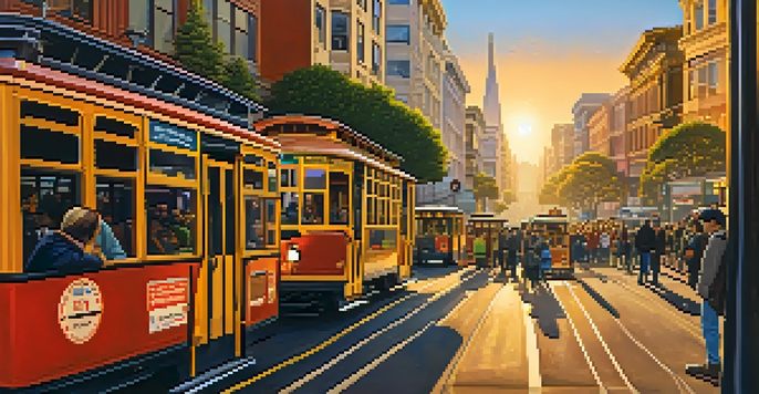 A lively San Francisco street with cable cars and buses, depicting a bustling public transport scene during sunset.