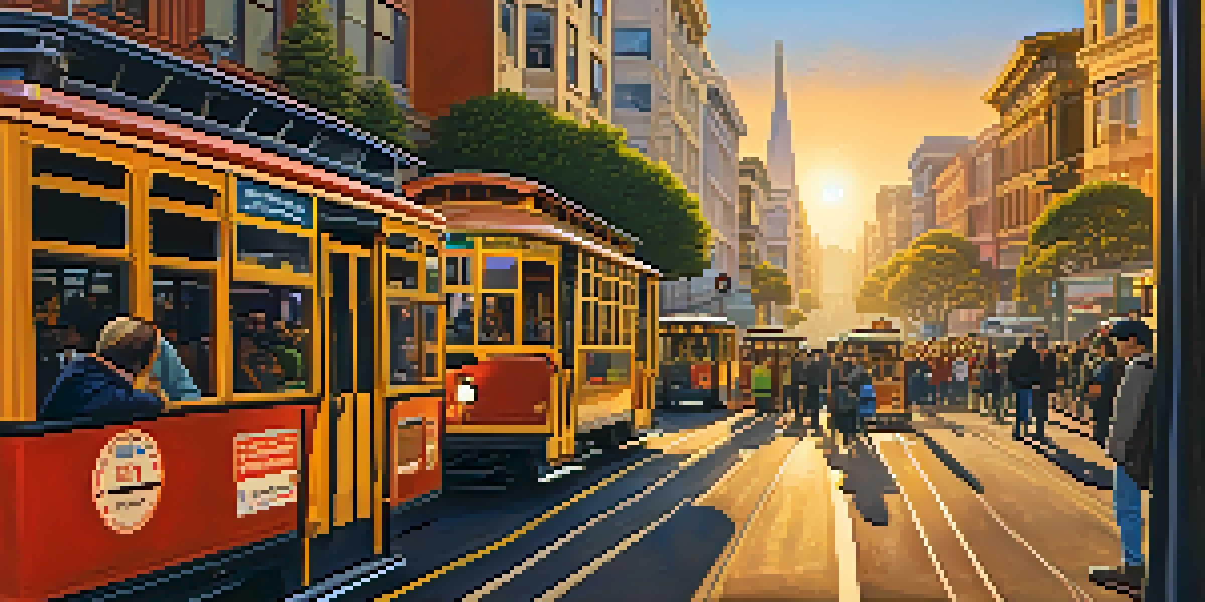 A lively San Francisco street with cable cars and buses, depicting a bustling public transport scene during sunset.