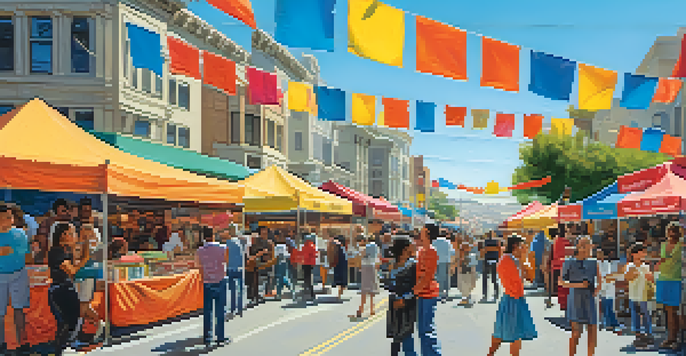 A lively street fair in San Francisco with colorful booths, diverse attendees, and musicians performing, set against a bright blue sky.