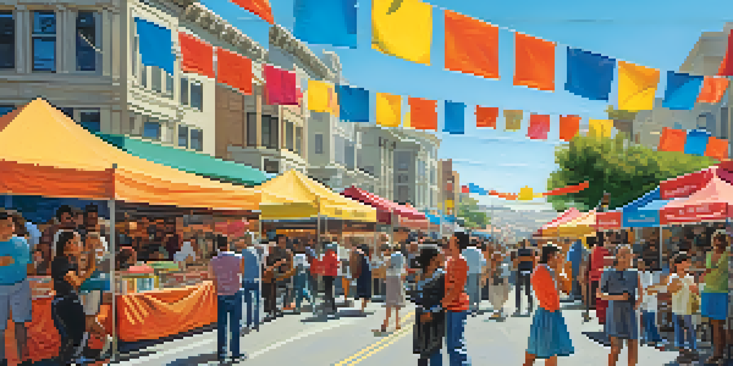 A lively street fair in San Francisco with colorful booths, diverse attendees, and musicians performing, set against a bright blue sky.