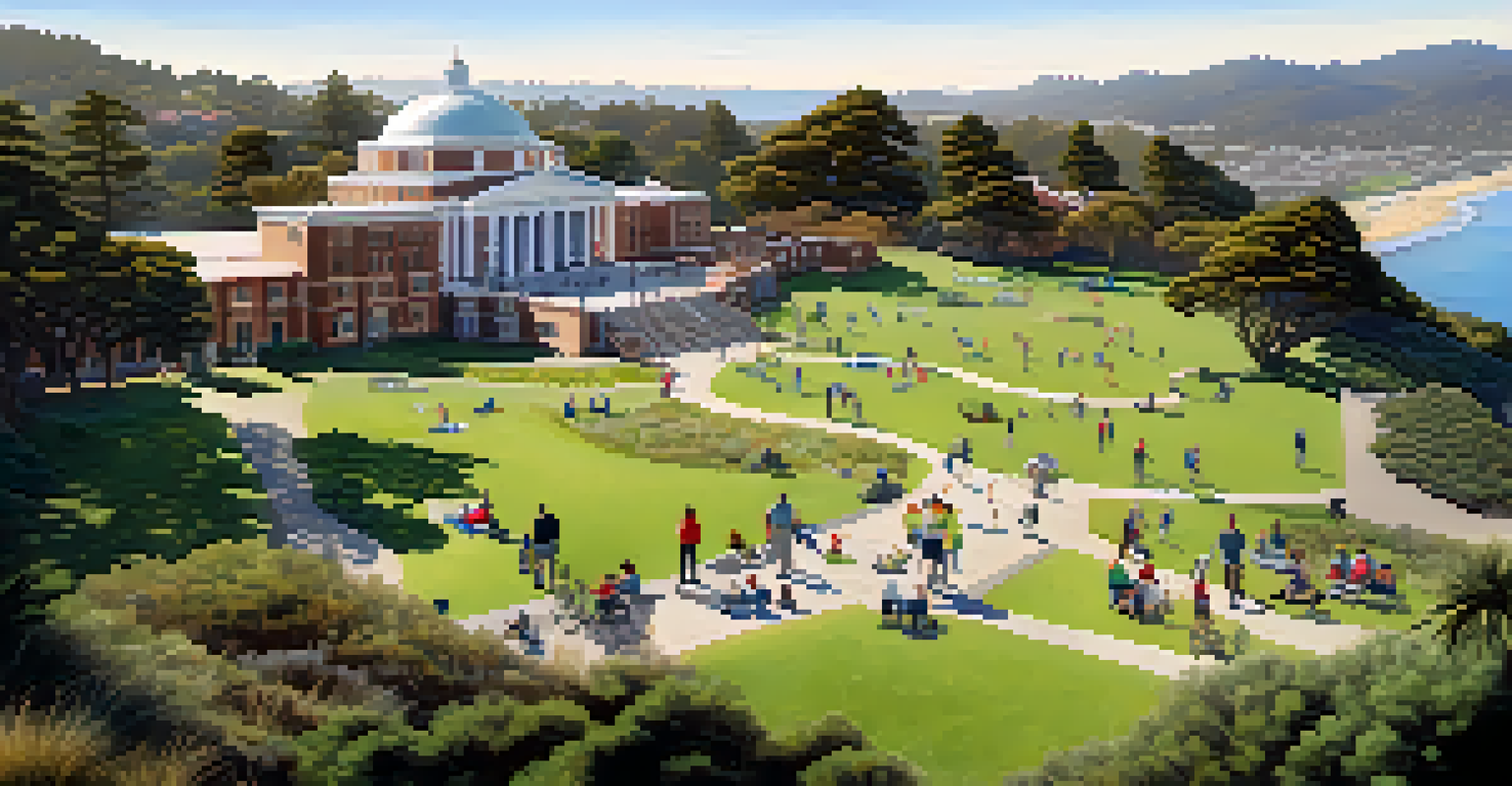 An aerial view of the Presidio as a national park, showing families enjoying the outdoors amidst diverse landscapes.