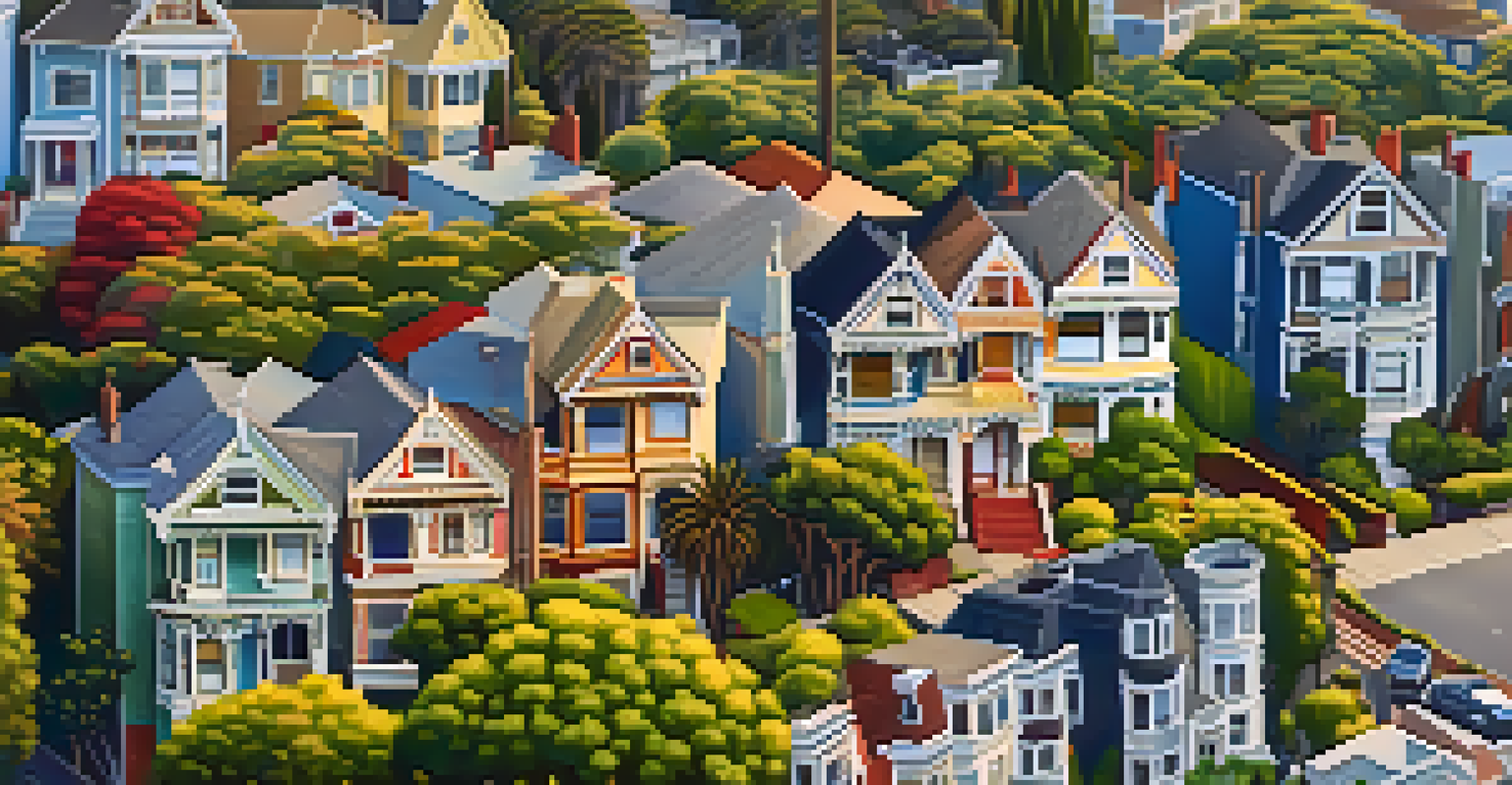 Aerial view of a San Francisco neighborhood with Victorian houses and the Golden Gate Bridge in the background.