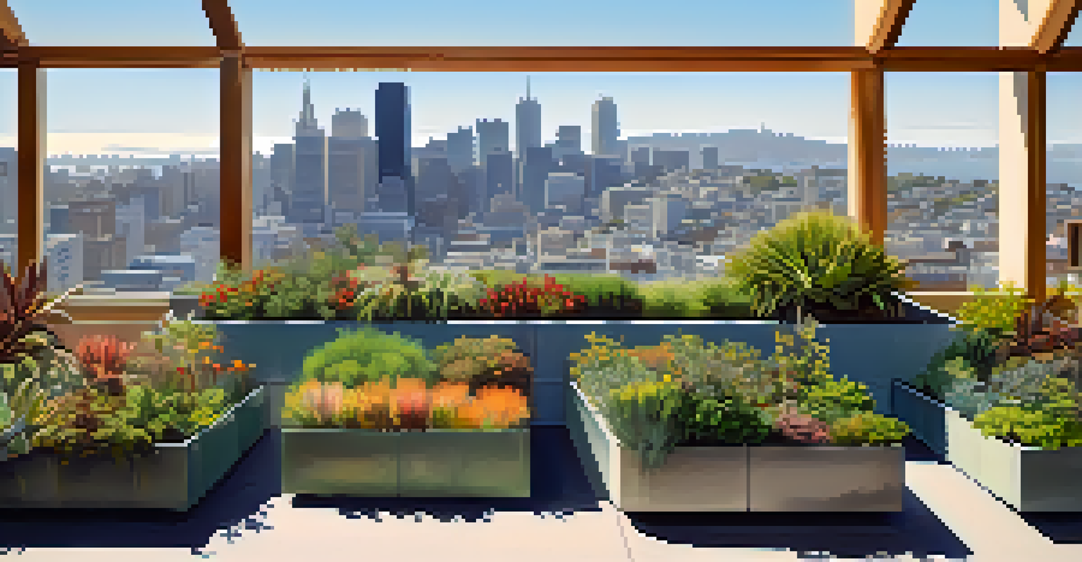 A green rooftop garden in San Francisco with people relaxing and enjoying the view of the skyline.
