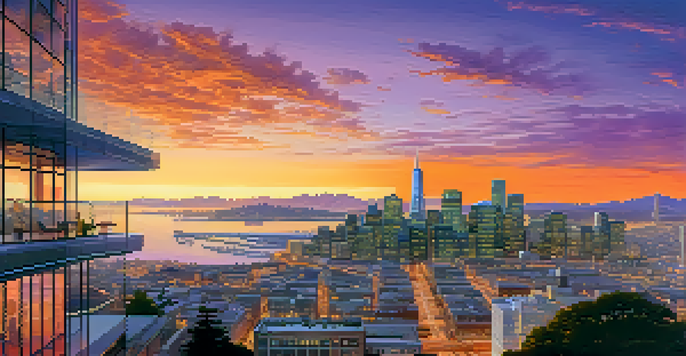 A sunset view of the San Francisco skyline with a tech office in the foreground, filled with people working together.