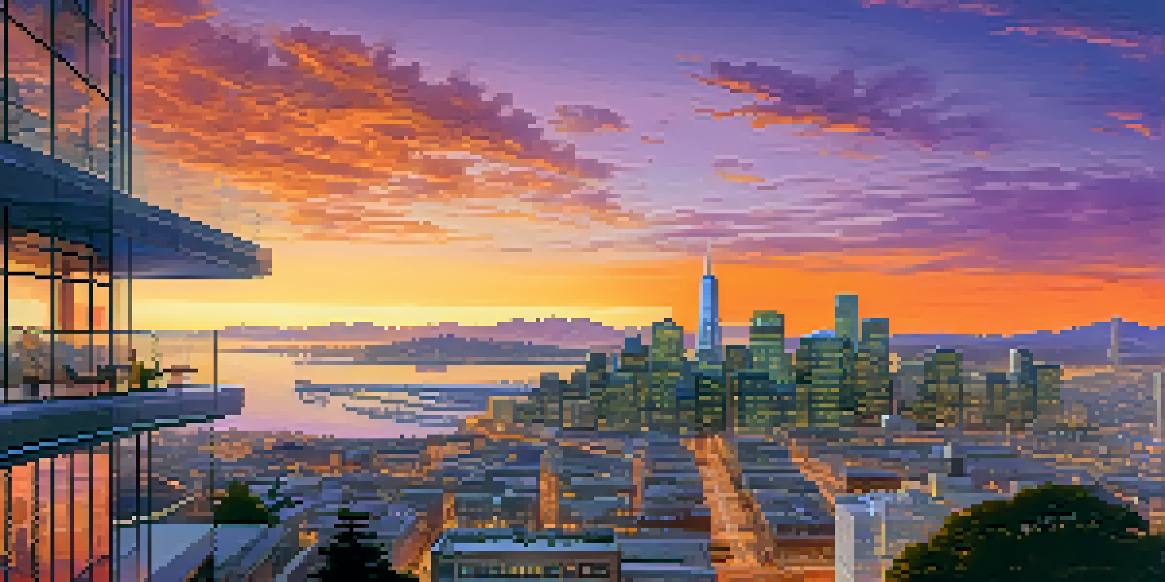 A sunset view of the San Francisco skyline with a tech office in the foreground, filled with people working together.