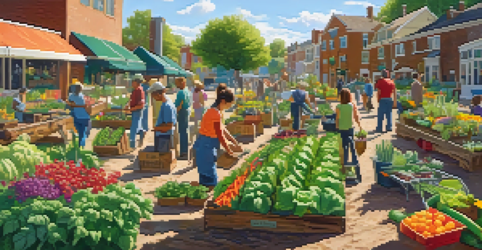 A community garden with diverse vegetables and flowers, featuring people of various ages working together under warm sunlight.