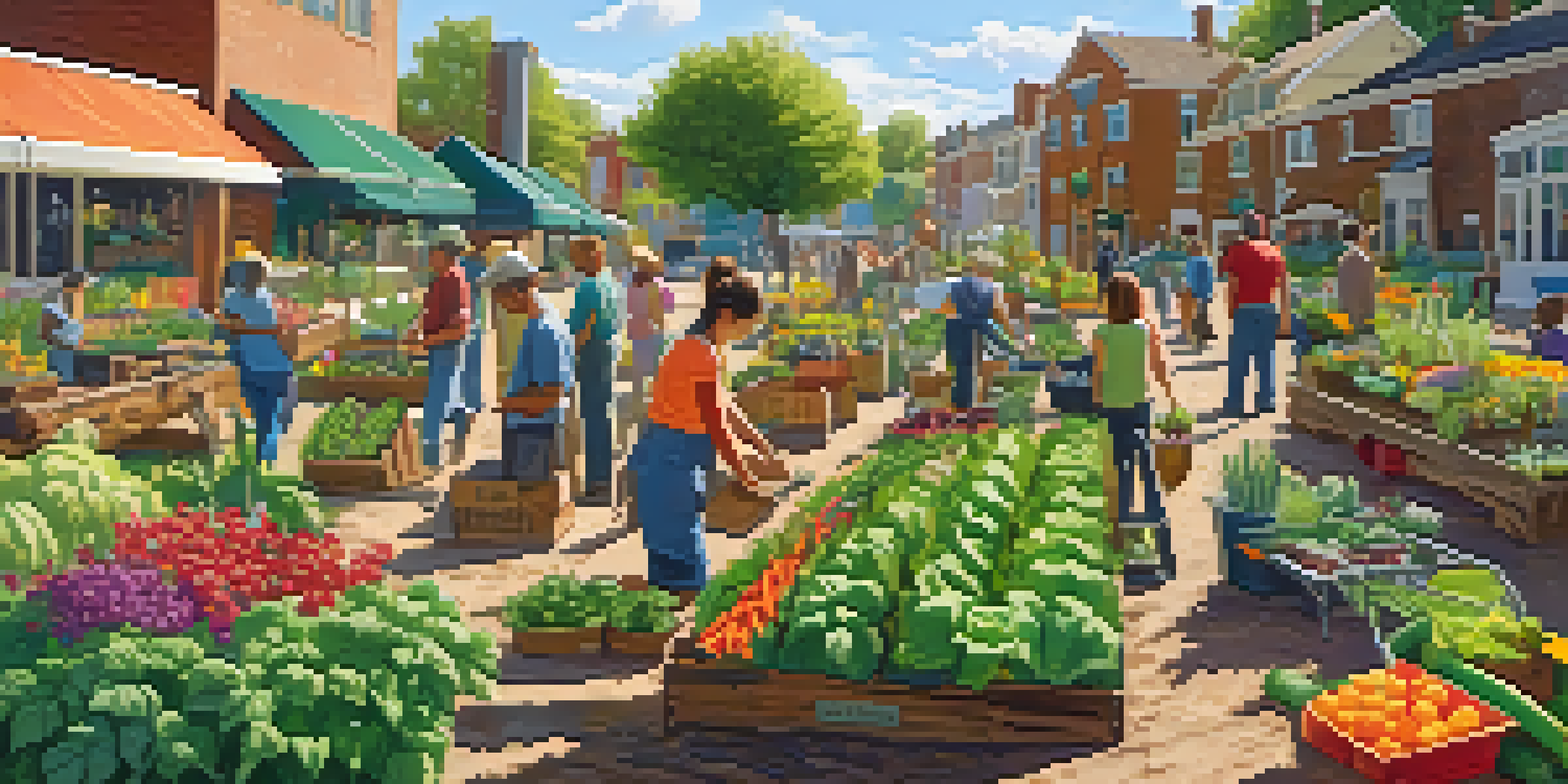 A community garden with diverse vegetables and flowers, featuring people of various ages working together under warm sunlight.