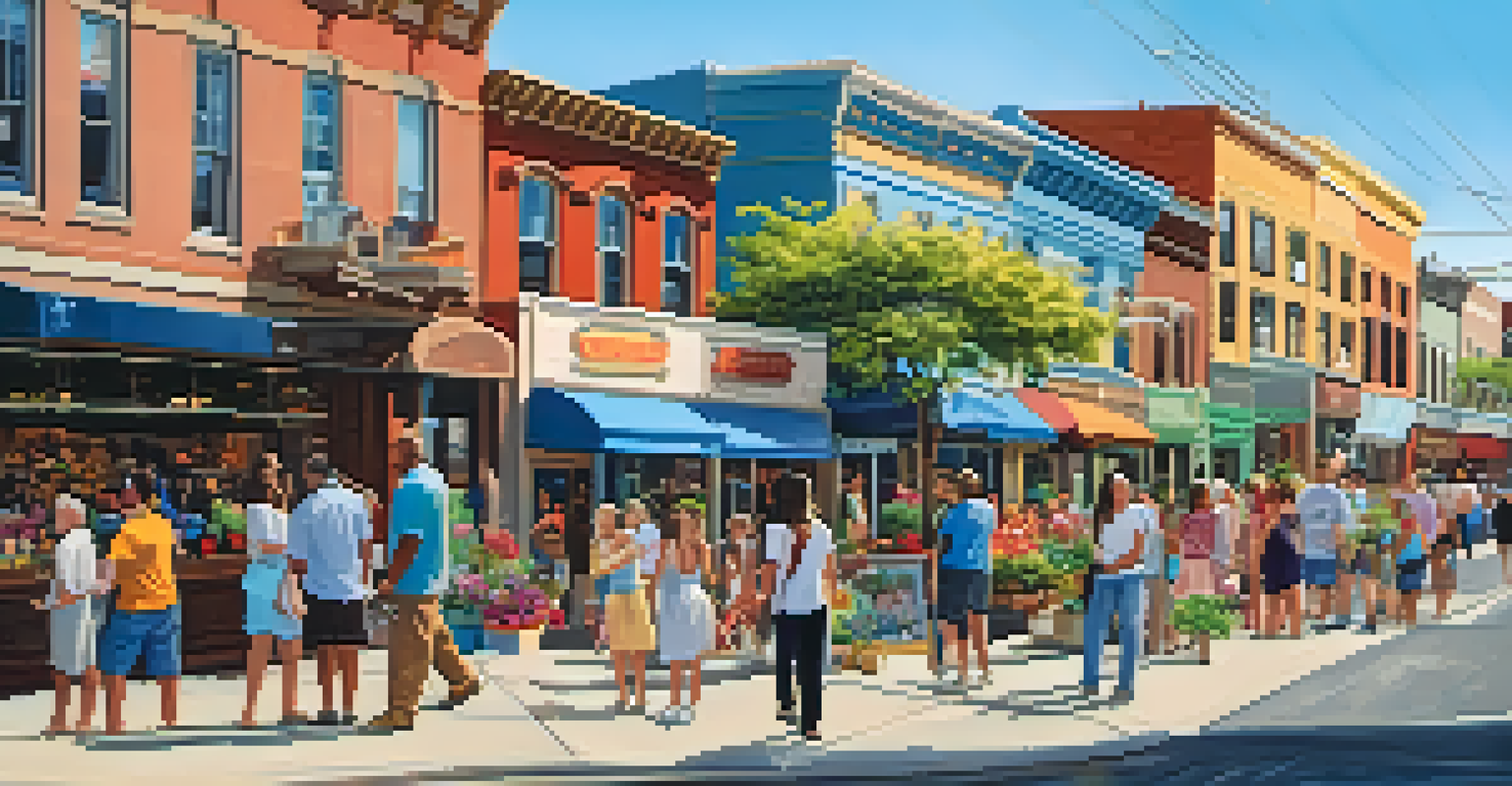 A lively street in Excelsior with murals and local shops, featuring people enjoying the community.