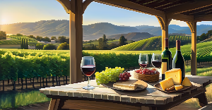 A scenic vineyard in Napa Valley at sunset, with green grapevines and a picnic table featuring wine and cheese.
