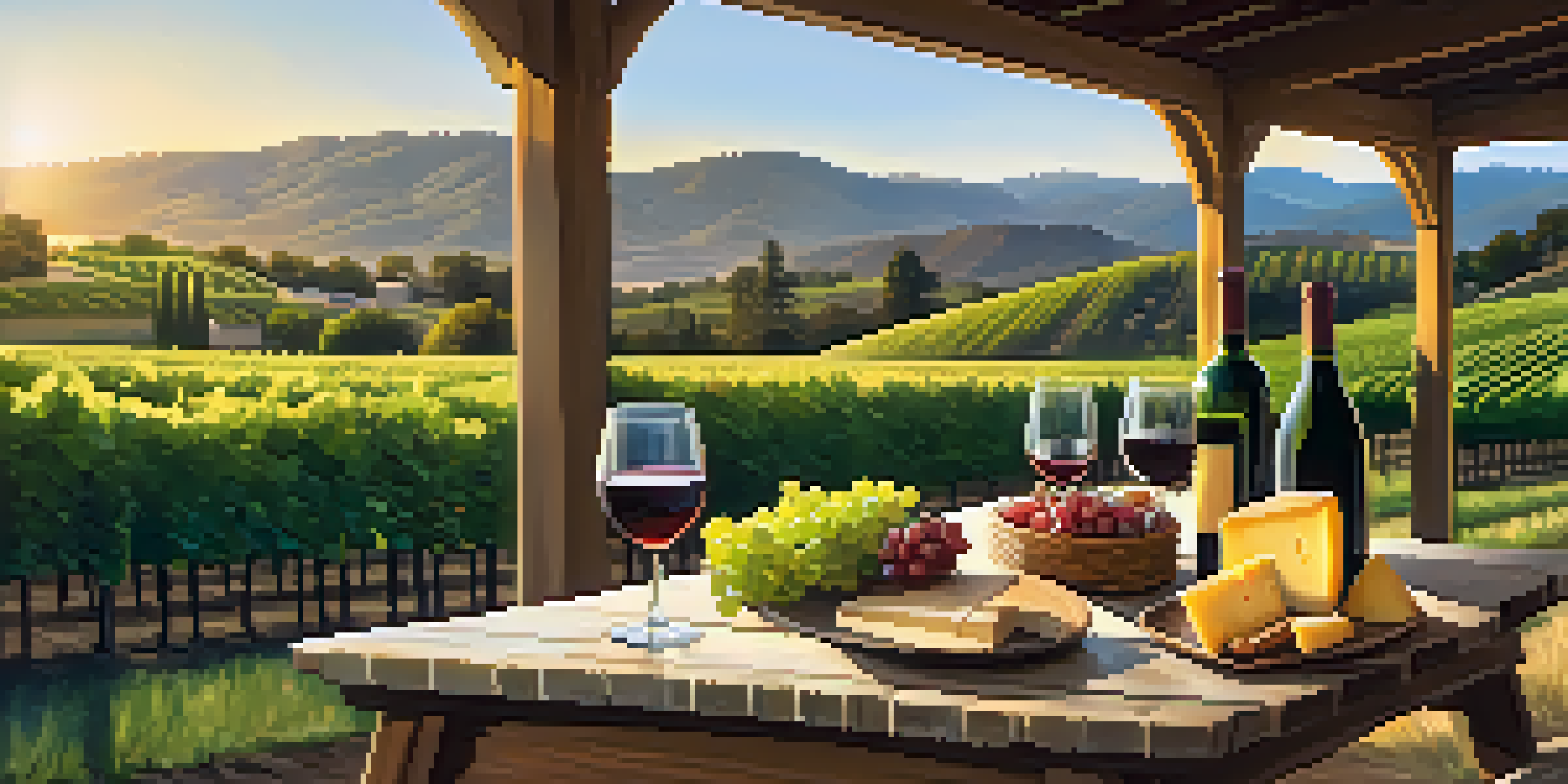 A scenic vineyard in Napa Valley at sunset, with green grapevines and a picnic table featuring wine and cheese.