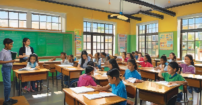 A lively classroom with diverse students collaborating on bilingual learning activities, bright educational posters around them.