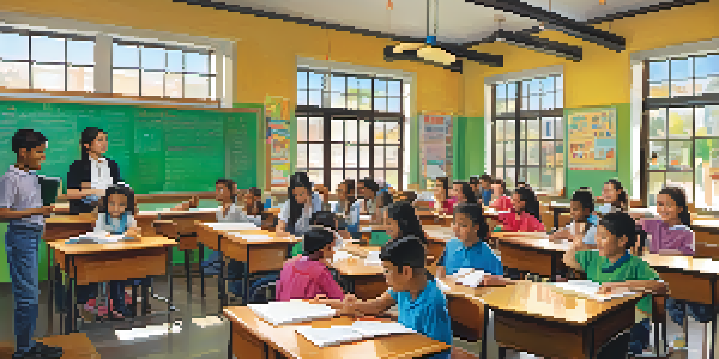 A lively classroom with diverse students collaborating on bilingual learning activities, bright educational posters around them.