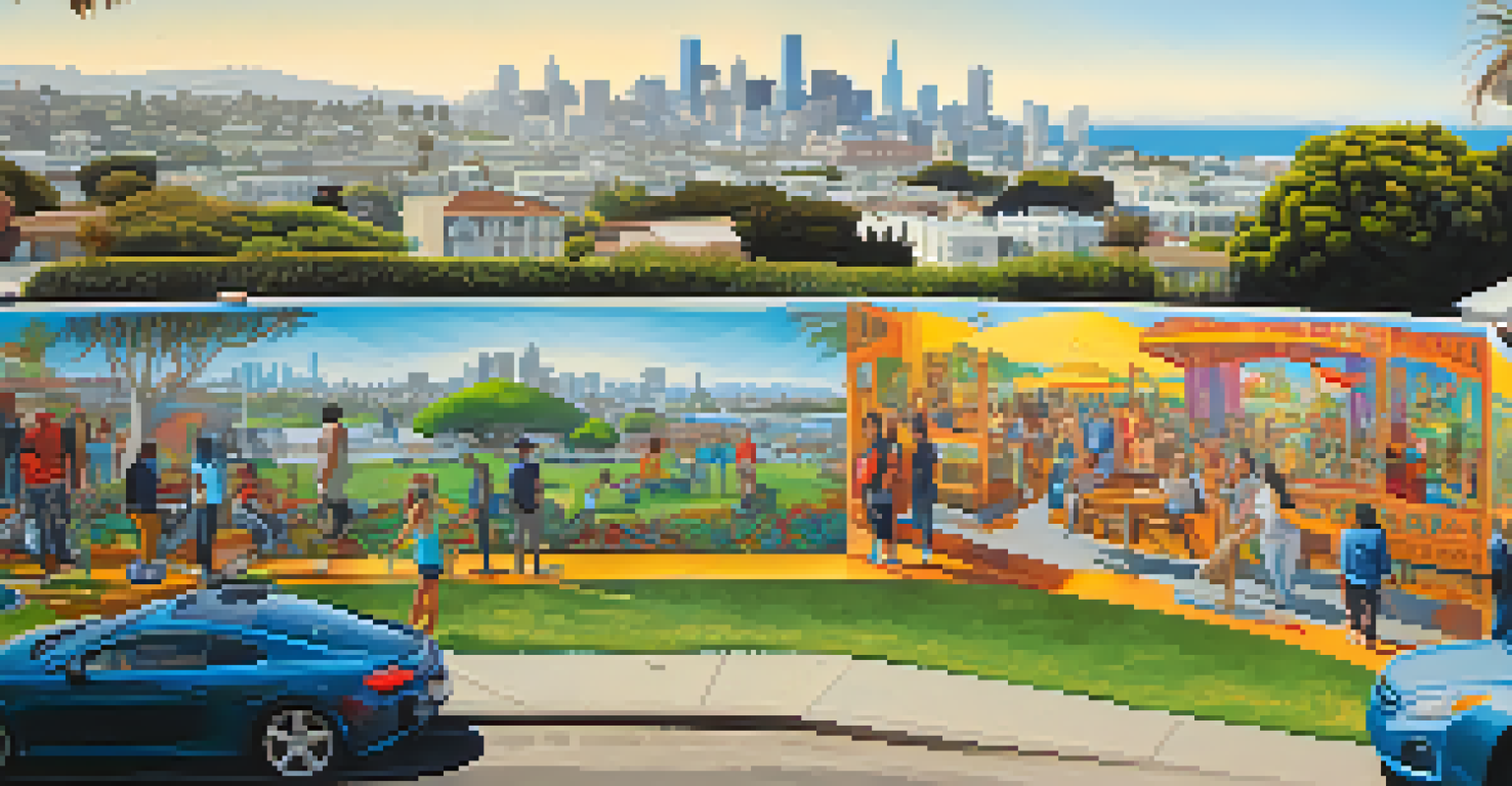 Close-up of colorful murals and street art around Mission Dolores Park, with people admiring the artwork, representing the community's creativity.