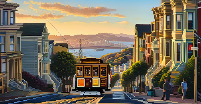 A San Francisco cable car moving up a steep hill, surrounded by Victorian houses and people waiting. The scene is bathed in sunset light.