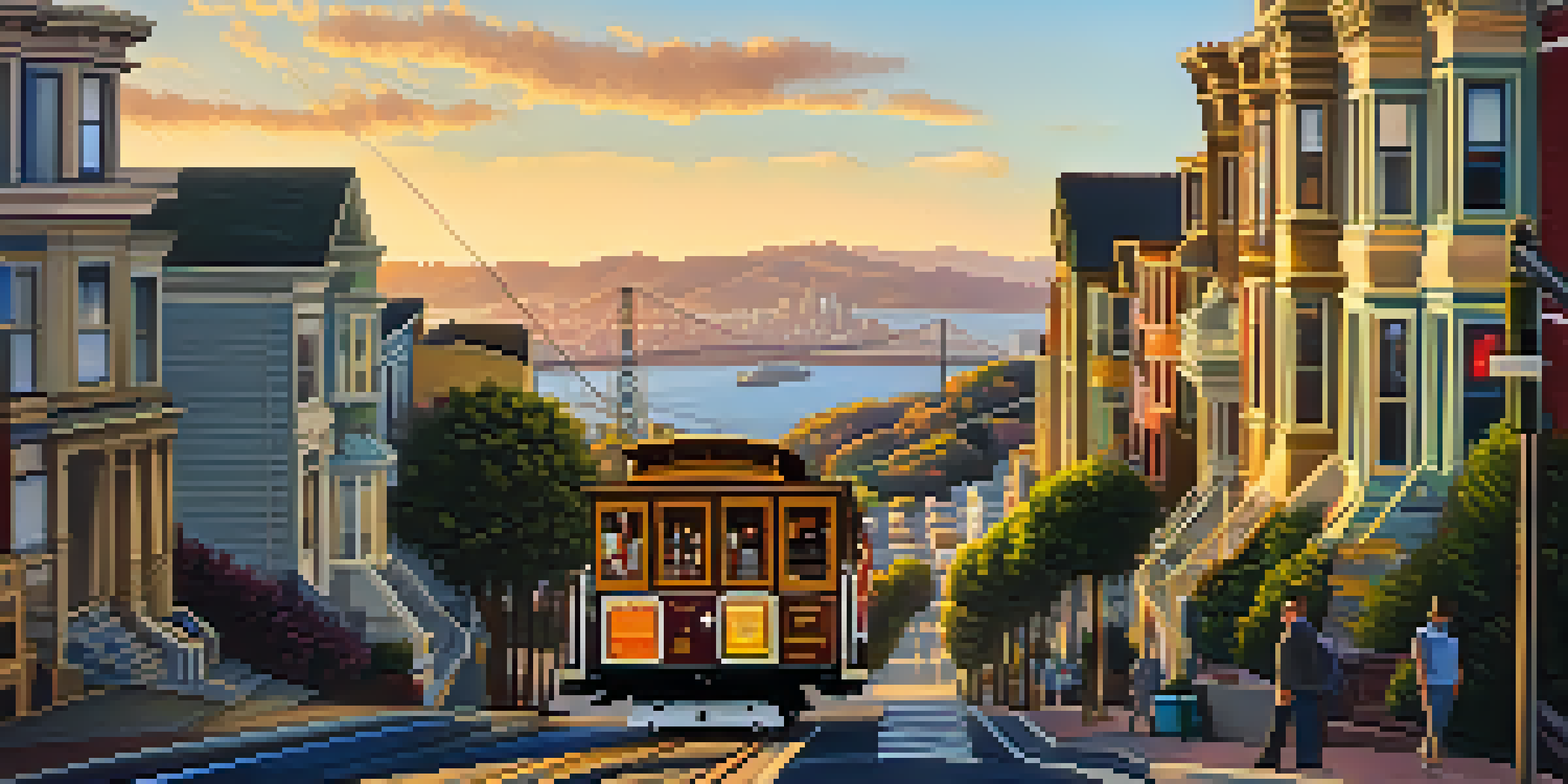 A San Francisco cable car moving up a steep hill, surrounded by Victorian houses and people waiting. The scene is bathed in sunset light.