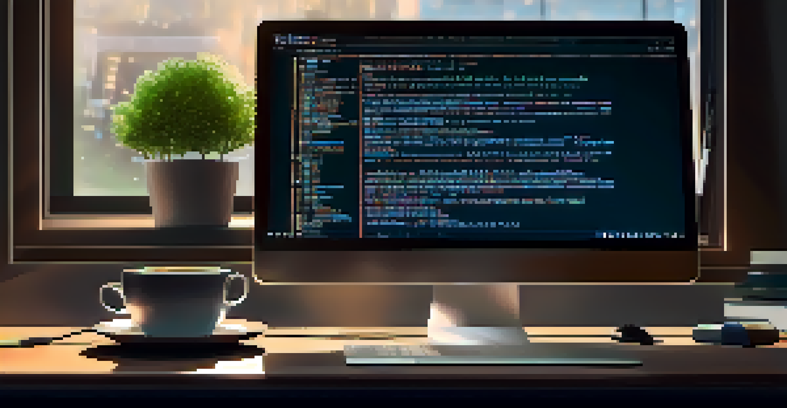 A cozy study workspace featuring a laptop with code on the screen, a cup of coffee, and a notebook, reflecting a coding student's dedication.