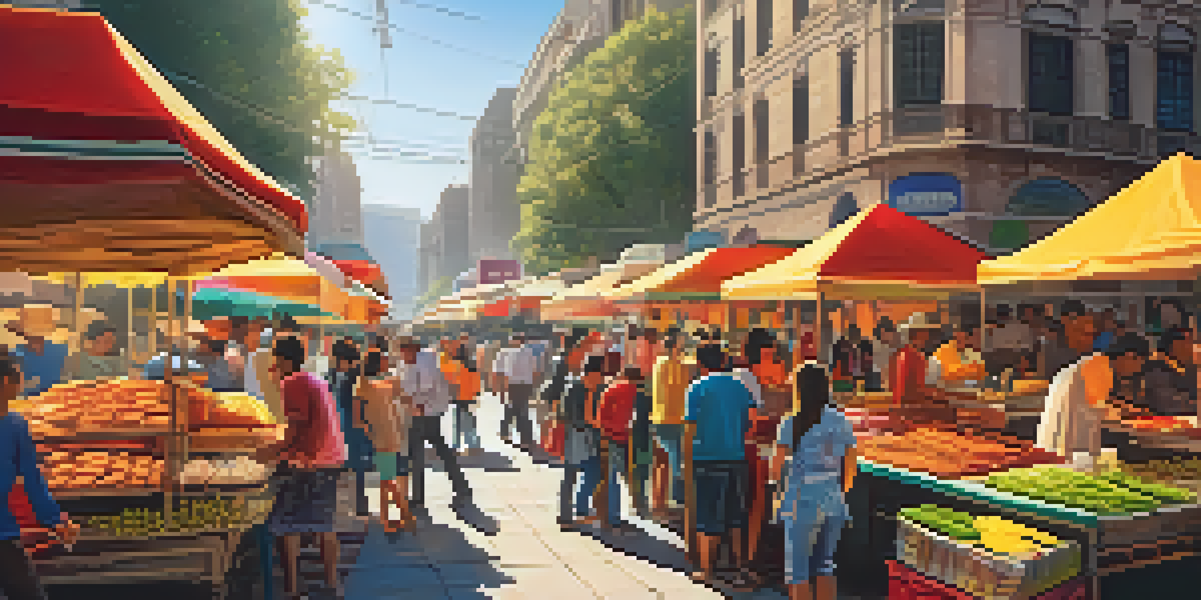 A lively street food market in Mexico City with colorful stalls and families sharing meals. Tacos al pastor are being grilled in a sunny atmosphere.