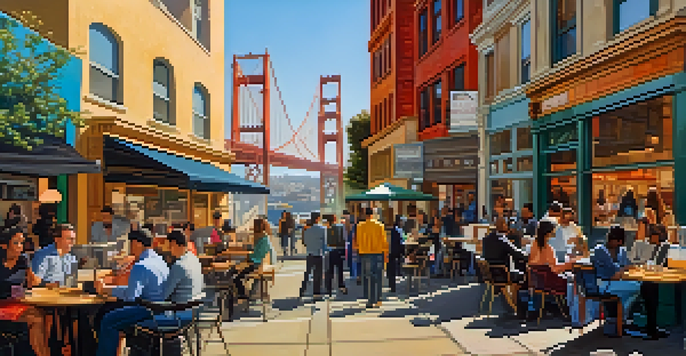 A vibrant street scene in San Francisco featuring diverse entrepreneurs collaborating outside a coffee shop with murals and the Golden Gate Bridge in the background.