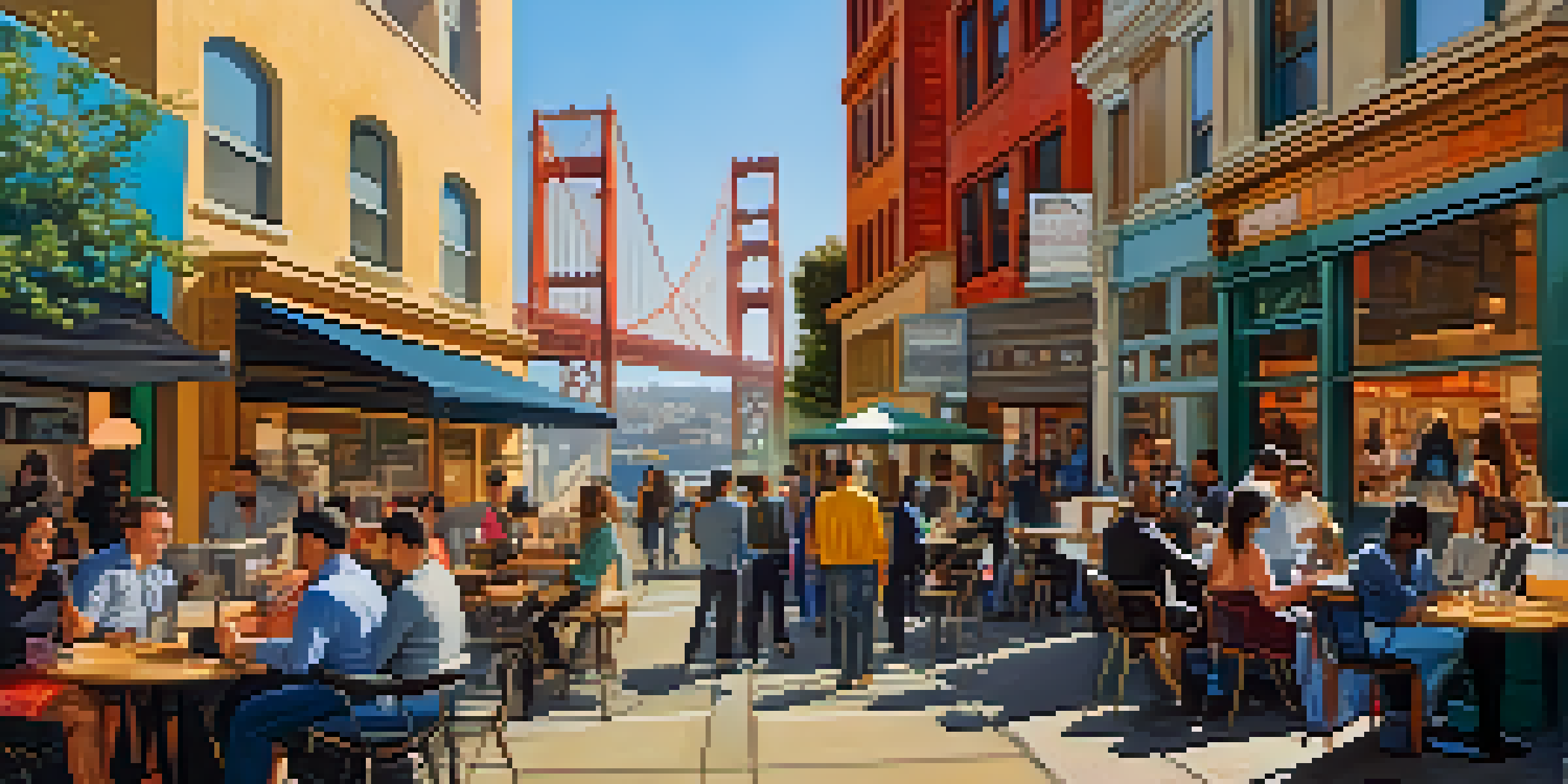 A vibrant street scene in San Francisco featuring diverse entrepreneurs collaborating outside a coffee shop with murals and the Golden Gate Bridge in the background.