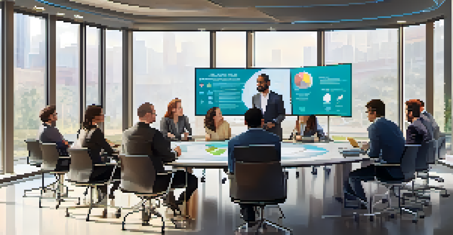A meeting room with diverse individuals discussing university partnerships, featuring a round table and presentation screen.