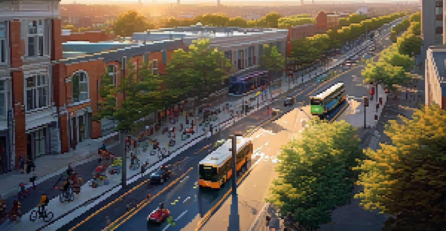 An aerial view of a city with bike lanes and public transport, showing cyclists and buses in a sunset setting.