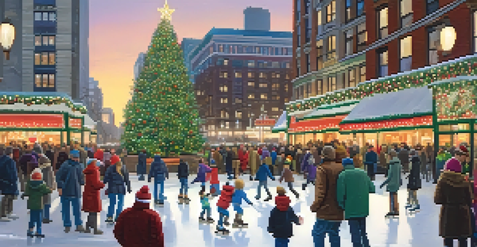 A festive Union Square with a large Christmas tree and families ice skating, surrounded by twinkling lights and decorated shops.