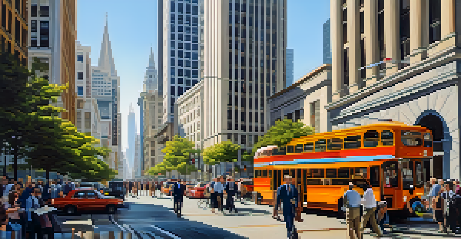 A busy street in San Francisco's financial district with professionals, iconic buildings, and sunlight.