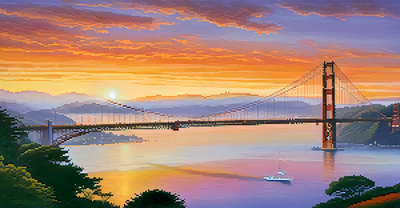 A picturesque sunset view of the Golden Gate Bridge, surrounded by fog and lush greenery, with sailboats in the bay.