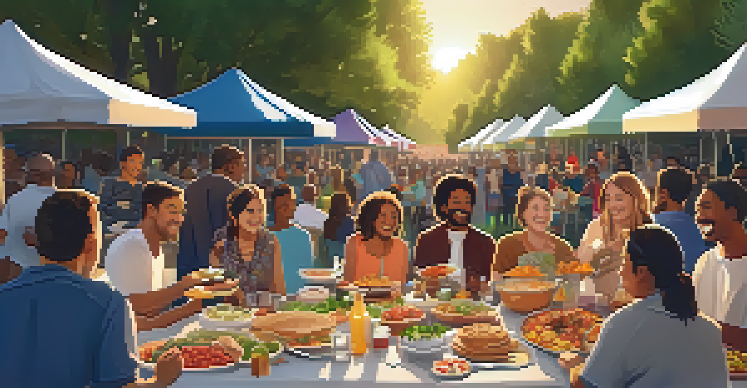A vibrant community potluck with people sharing food and enjoying each other's company in a park.