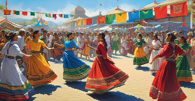 A lively cultural festival with people in colorful clothing dancing and enjoying local crafts under a sunny sky.