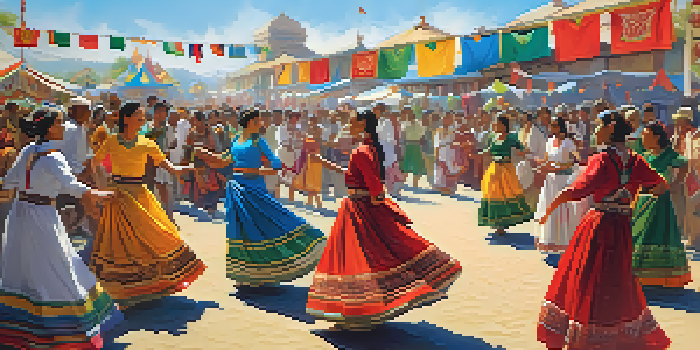 A lively cultural festival with people in colorful clothing dancing and enjoying local crafts under a sunny sky.