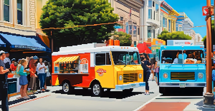 A lively street scene in San Francisco with food trucks and people enjoying diverse cuisines.
