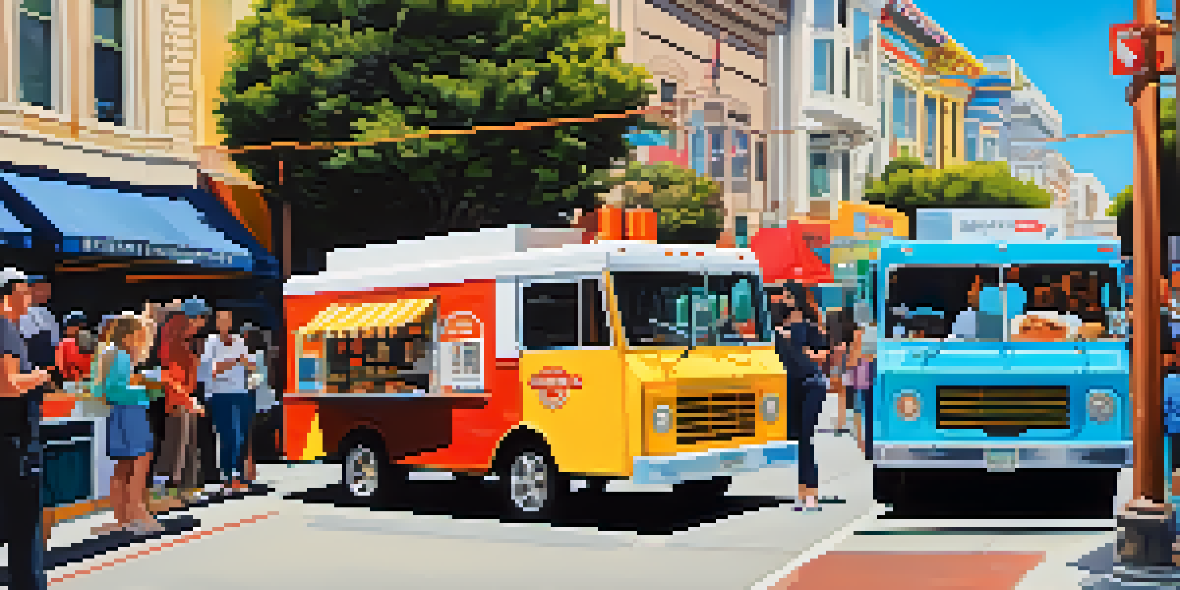 A lively street scene in San Francisco with food trucks and people enjoying diverse cuisines.