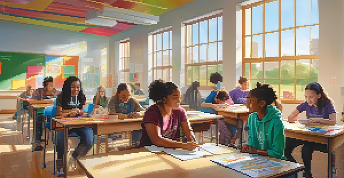 A diverse group of students collaborating on a project in an inclusive classroom filled with sunlight and colorful educational materials.