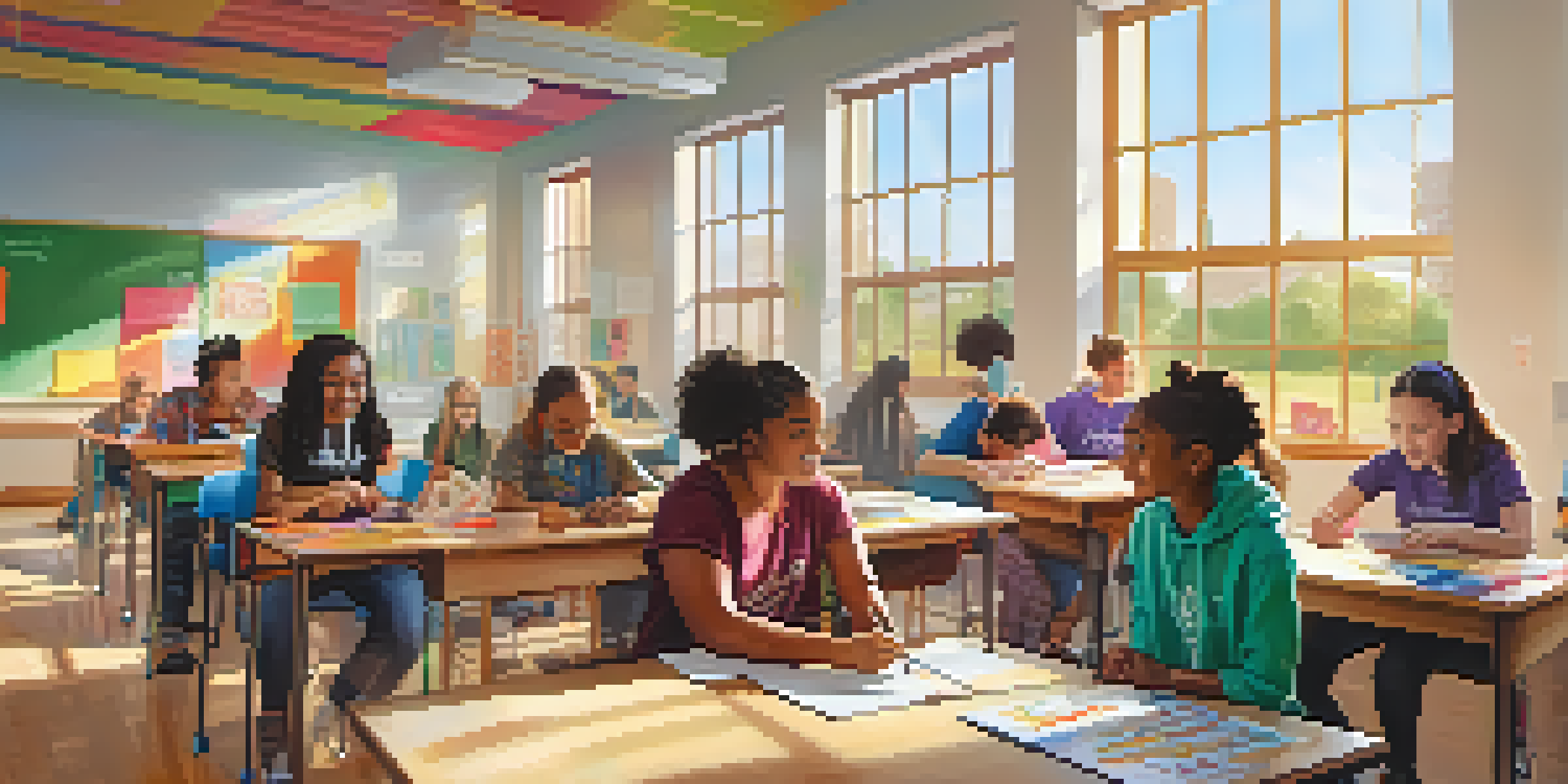 A diverse group of students collaborating on a project in an inclusive classroom filled with sunlight and colorful educational materials.