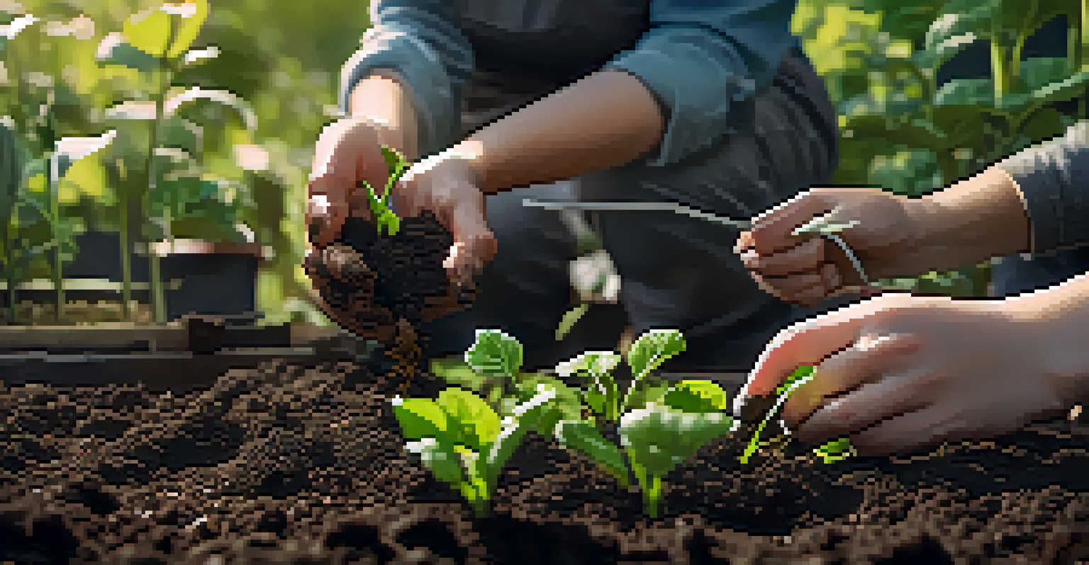 Close-up of hands planting green seedlings in dark soil in a community garden, with sunlight creating a warm atmosphere.