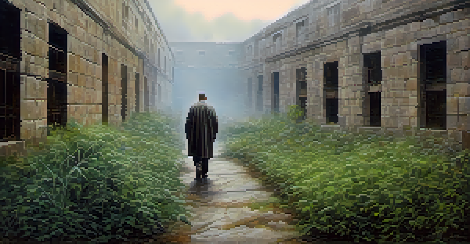 A ghostly figure of a former inmate in 1930s prison attire wandering in the Alcatraz yard, surrounded by weeds and mist, creating an ethereal scene.