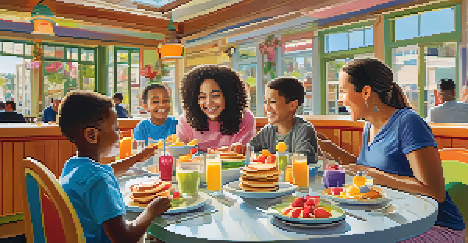 A family enjoying brunch at a restaurant with colorful dishes and cheerful décor.