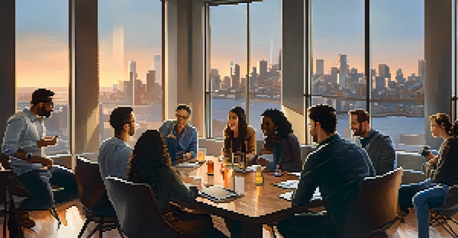 A cozy tech meetup in a San Francisco loft with entrepreneurs sharing ideas, warm lighting, and a city skyline view at sunset.